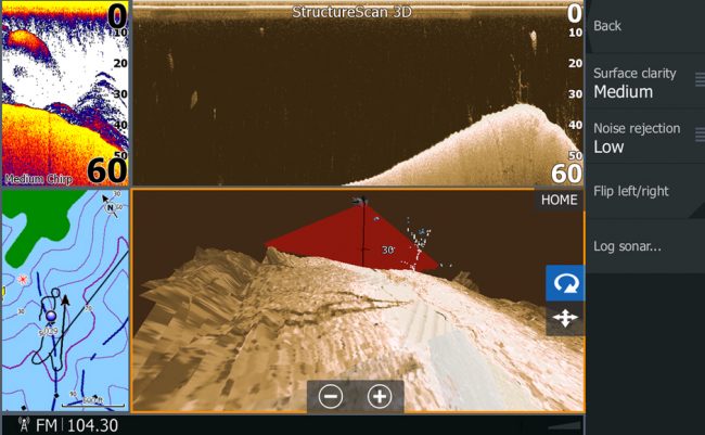 Lowrance StrucutreScan 3D_4 panel Split_Chart_Medium Chirp_DownScan_3D_rocks_hump_SelectScan Target ID_StructureScan 3D sidescan imaging technology on HDS Gen3_13120