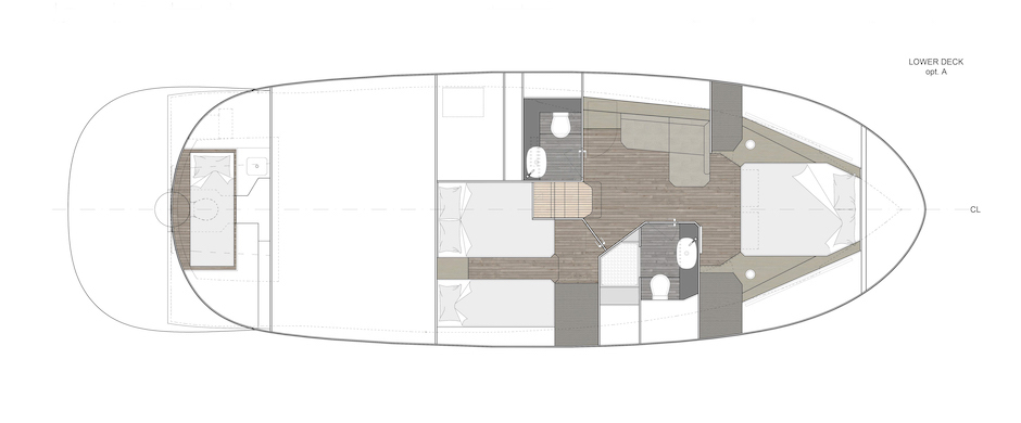 Apreamare Gozzo 45: layout sottocoperta con due cabine.