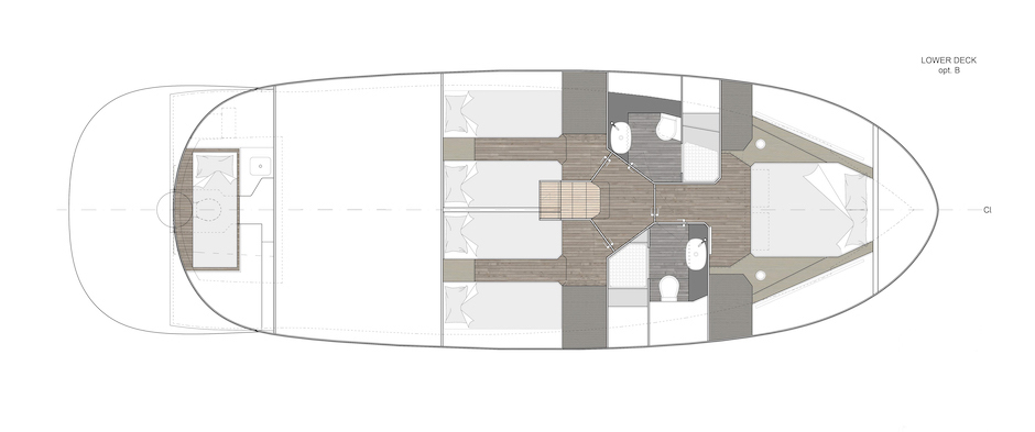 Apreamare Gozzo 45: layout sottocoperta con tre cabine.