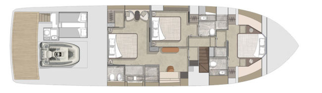 Cranchi Sessantasette - Layout sottocoperta a tre cabine.