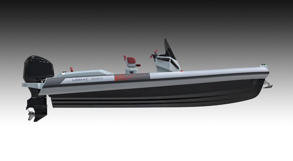 Lomac Turismo 7.0 gommone bianco visto di profilo.