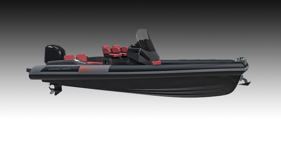 Lomac Turismo 7.0 gommone nero visto di prua.