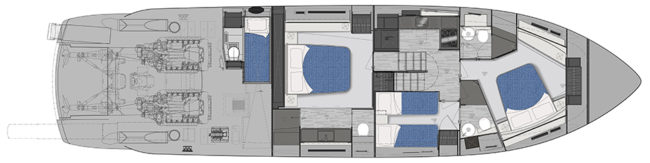 Pershing 6X - Layout ponte sottocoperta.