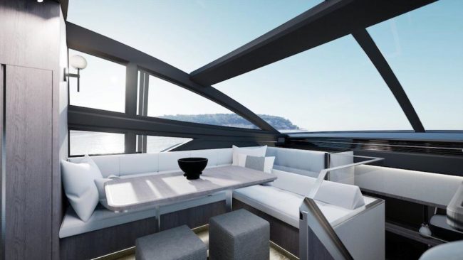 Pearl 72 render dinette prodiera nel salone sul ponte di coperta.