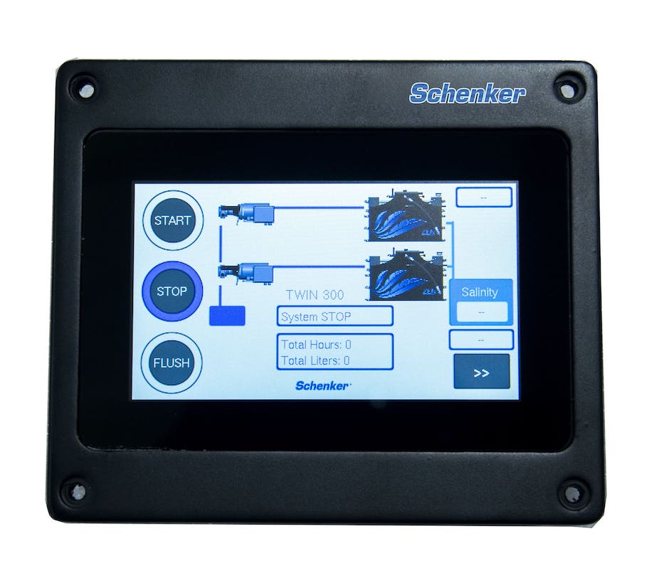 Pannello di controllo touch screen del dissalatore Schenker Zen Twin.