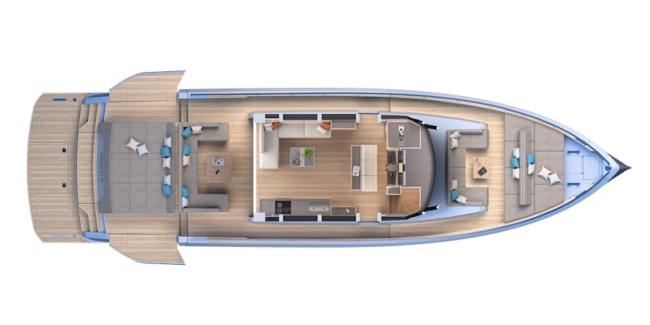 Pardo GT75, layout ponte di coperta nella versione Galley-up