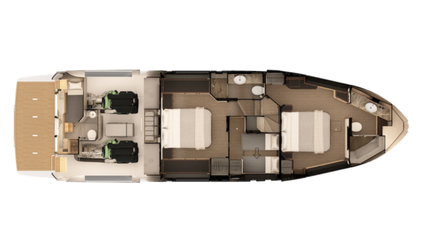 Absolute 52 Fly generazione 2023, layout ponte inferiore.