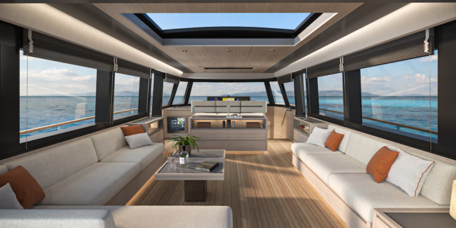 Pardo GT75, render salone sul ponte principale nella versione Galley-down.