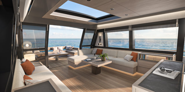 Pardo GT75, render salone sul ponte principale nella versione Galley-down.