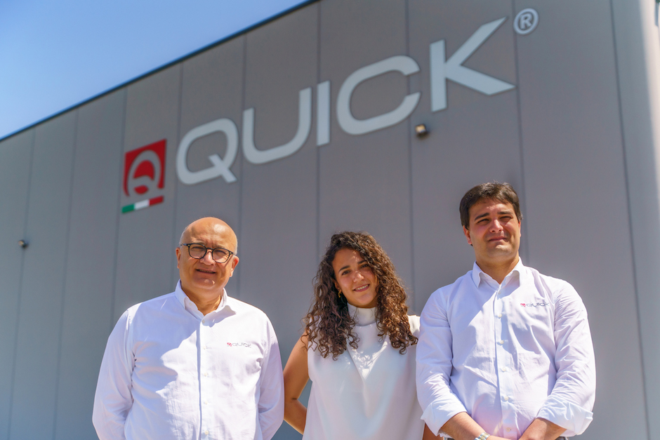 Il co-fondatore di Quick Spa Michele Marzucco con i figli Chiara Marzucco e Carlo Marzucco, diventati vicepresidenti dell'azienda.