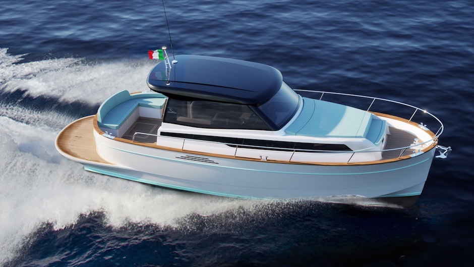 Apreamare Gozzo 35 Cabin, render barca in navigazione.