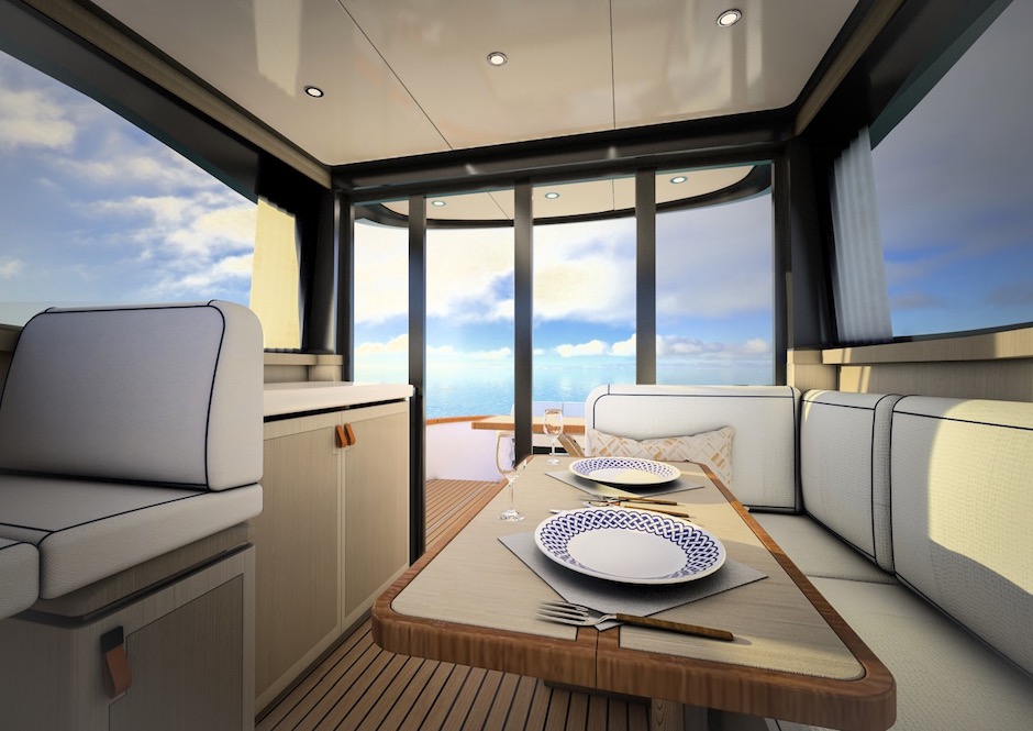 Apreamare Gozzo 35 Cabin, render salone visto da prua.