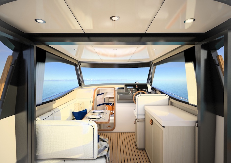 Apreamare Gozzo 35 Cabin, render salone visto da poppa.