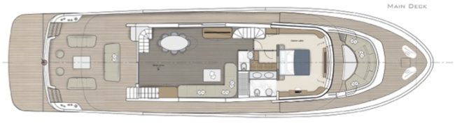 Apreamare Maestro 88, layout ponte di coperta nella versione con 5 cabine.