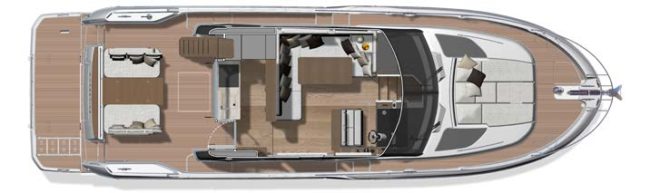 Prestige F4 - Layout coperta con dinette in pozzetto a due divani contrapposti.