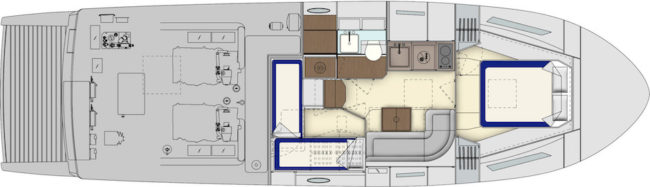 Itama 45RS - Layout sottocoperta con due cabine.