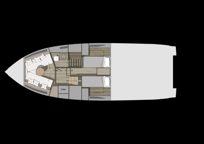 Layout sottocoperta Invictus TT420S con dinette a prua.