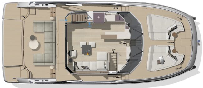Layout ponte di coperta con dinette in pozzetto.