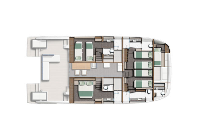 Layout sottocoperta con quattro cabine.