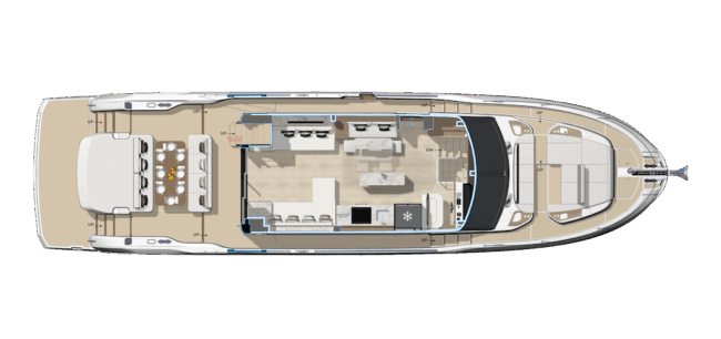 Layout salone Prestige F6.7 con cucina centrale con isola.