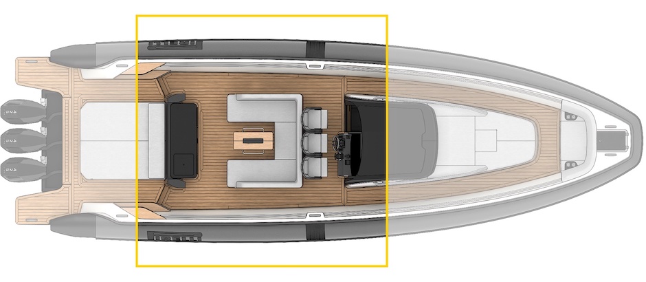 Layout ponte di coperta Pirelli 47 Open con dinette prodiera.