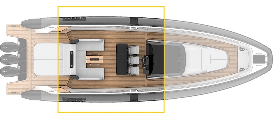 Layout ponte di coperta Pirelli 47 Open con dinette poppiera.