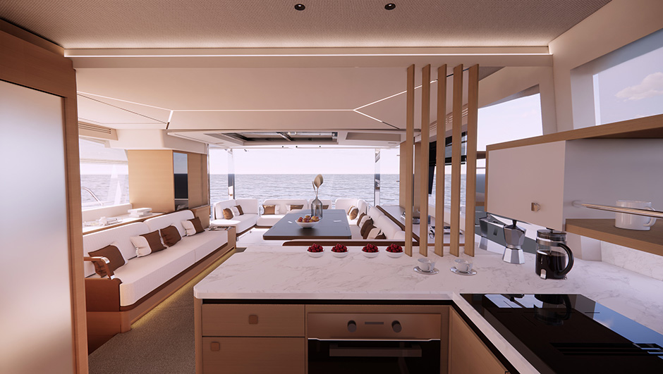 Salone vista dalla cucina situata a prua.