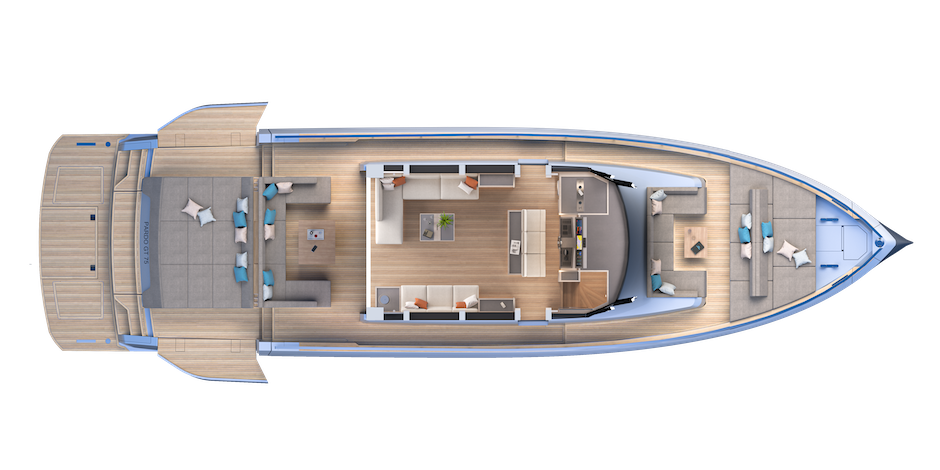 Pardo GT75, layout del ponte sottocoperta nella versione Galley-up.