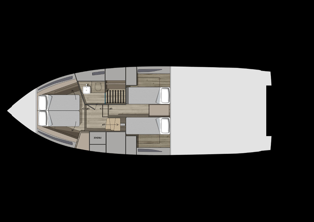 Layout sottocoperta Invictus TT420S con letto matrimoniale a prua.