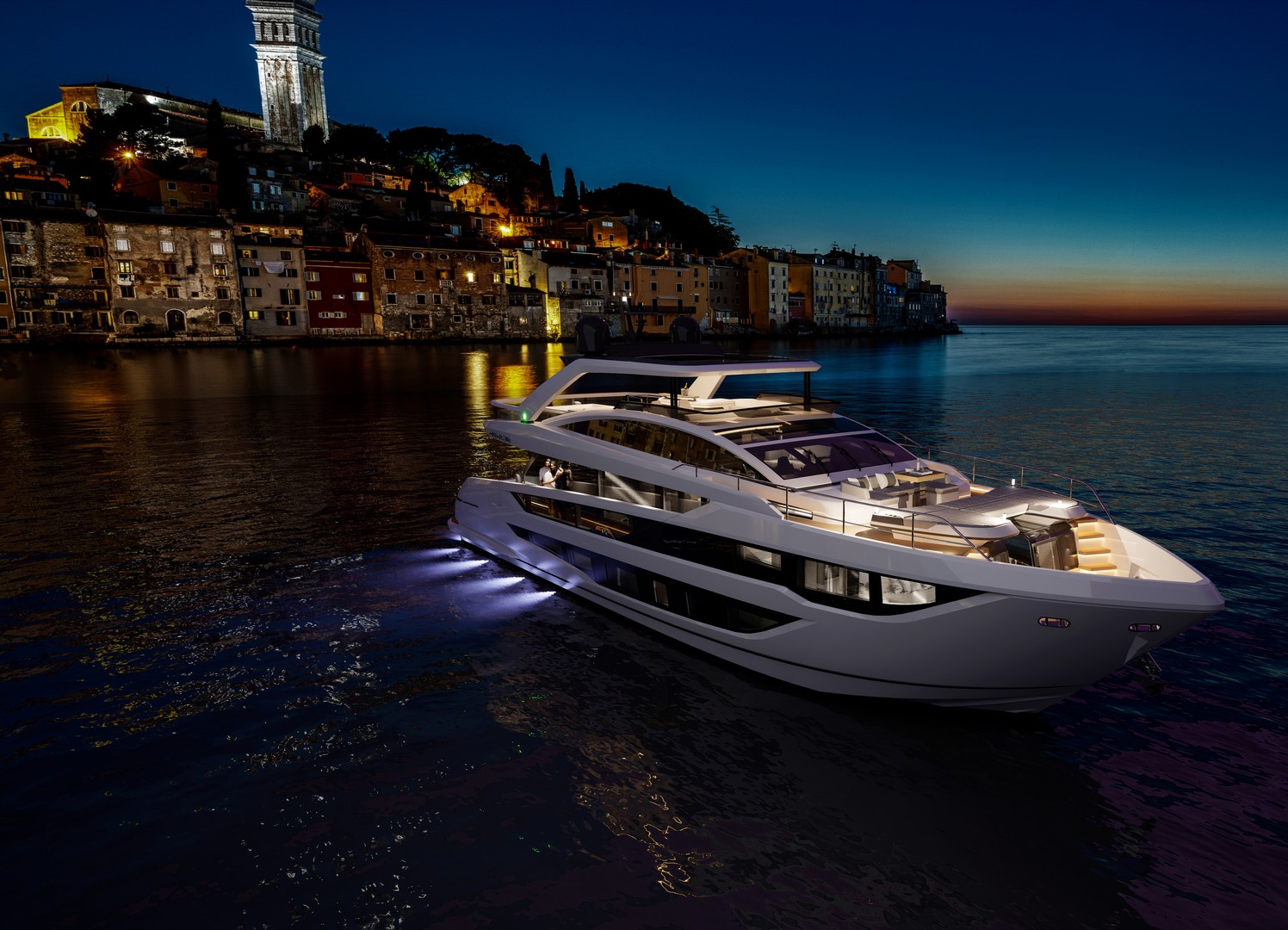 Pearl 82, vista esterna notturna della barca.