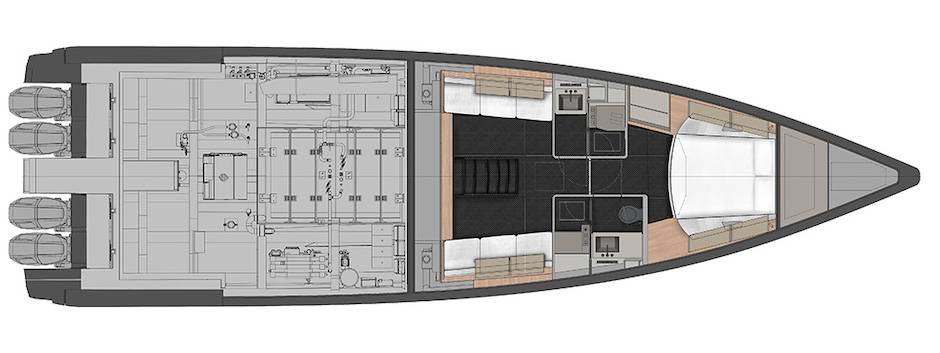 Wally wallypower58x, layout ponte sottocoperta standard.